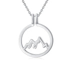 925 sterling silver mountain ring holder pendant necklace with round shape pendant, featuring detailed mountain design.