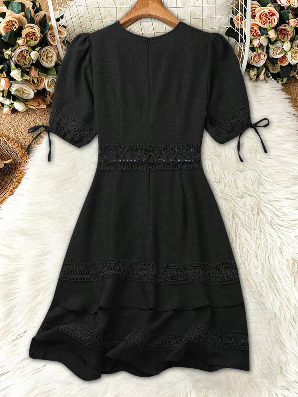 Shopimist lace detail v-neck mini dress with delicate lace accents and a flattering V-neckline, perfect for stylish occasions.