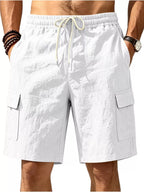 Men's plus size casual cargo shorts with drawstring waist, black fabric, front pockets, and relaxed fit by Trendsi