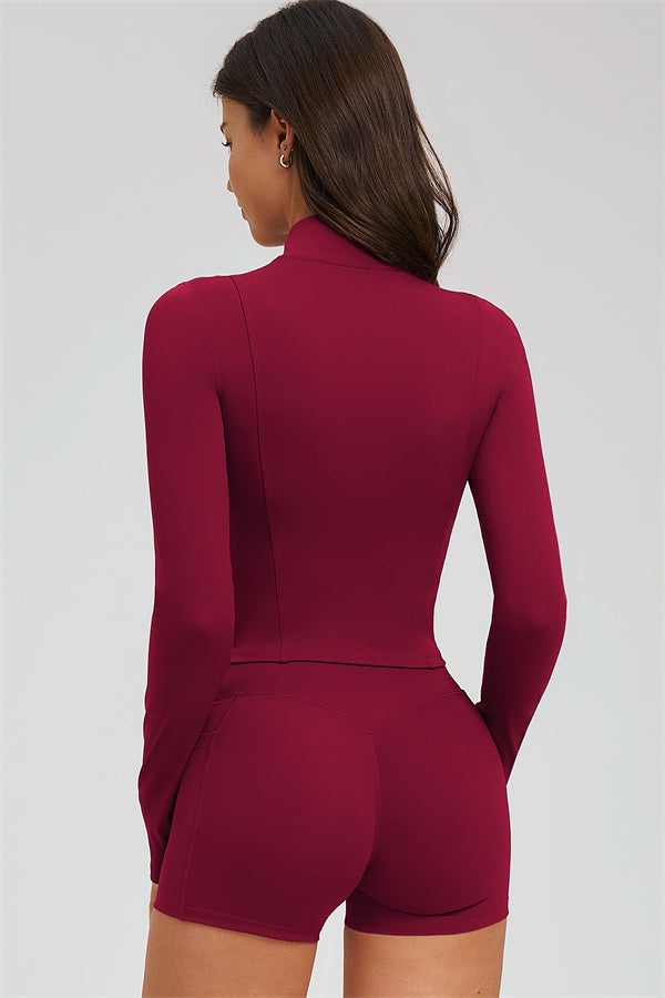 Fitglutes Activewear sports bra, zip jacket, and shorts 3-piece set for workout and gym activities.