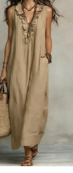 Plush Fashion Hub women's spring summer elegant dress with ruffles and pockets, featuring a stylish, flowy design in soft fabric.