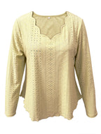 Elegant women's eyelet long sleeve blouse from Plush Fashion Hub, featuring a versatile stretchy office top in a stylish design.