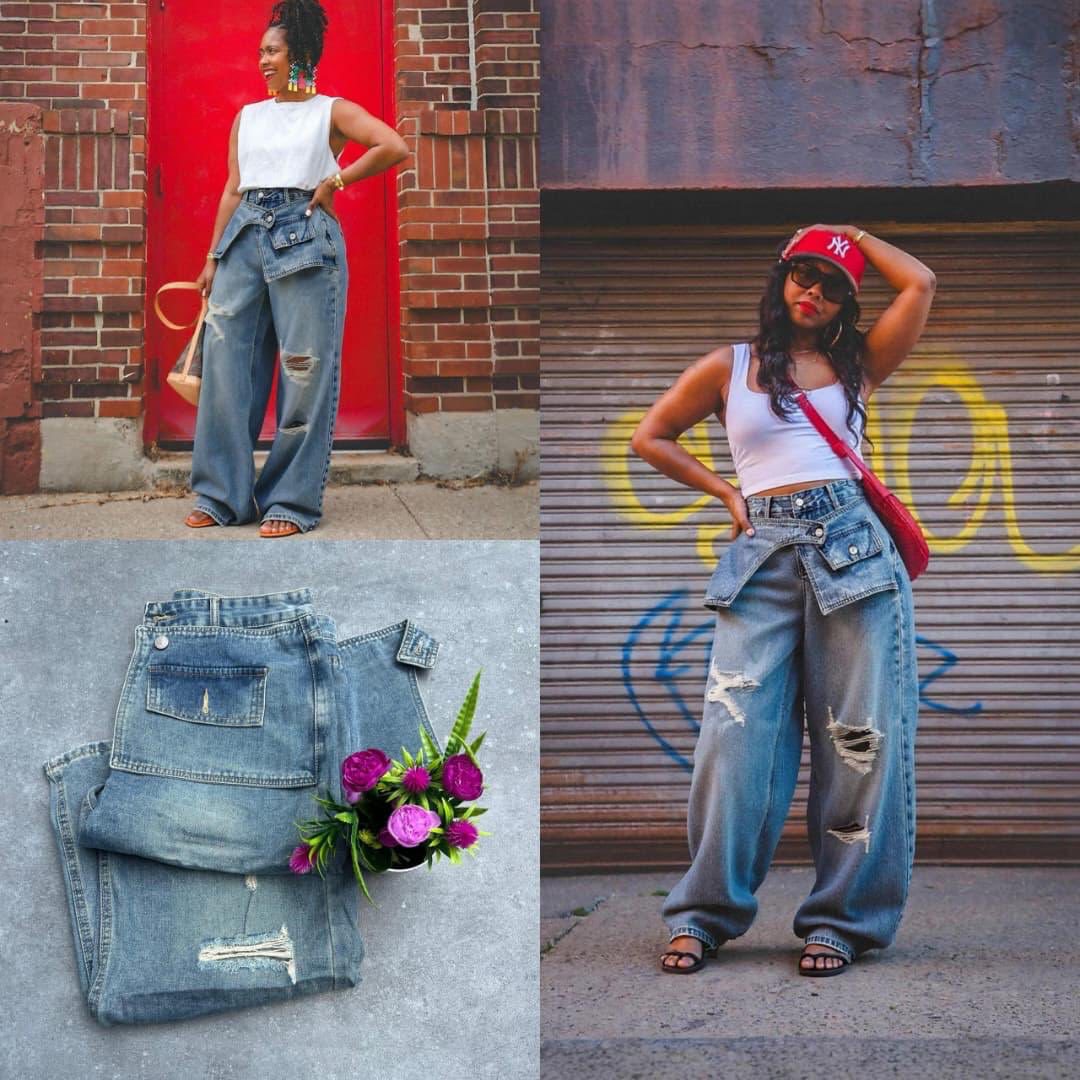 Plush Fashion Hub straight leg jeans with layered waist and ripped details, casual pants for a trendy look.