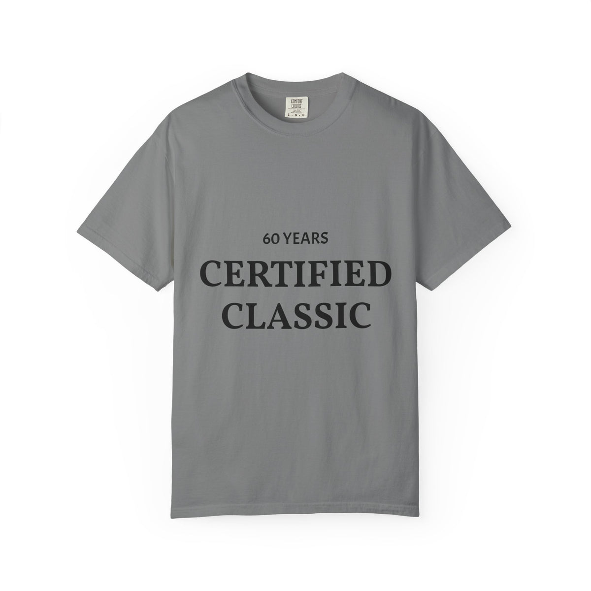 Plush Fashion Hub Certified Classic 60 Years T-Shirt in white with printed graphic for men and women.