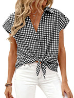 Women's classic gingham print button-down shirt with tie detail, stylish and casual from Trendsi.