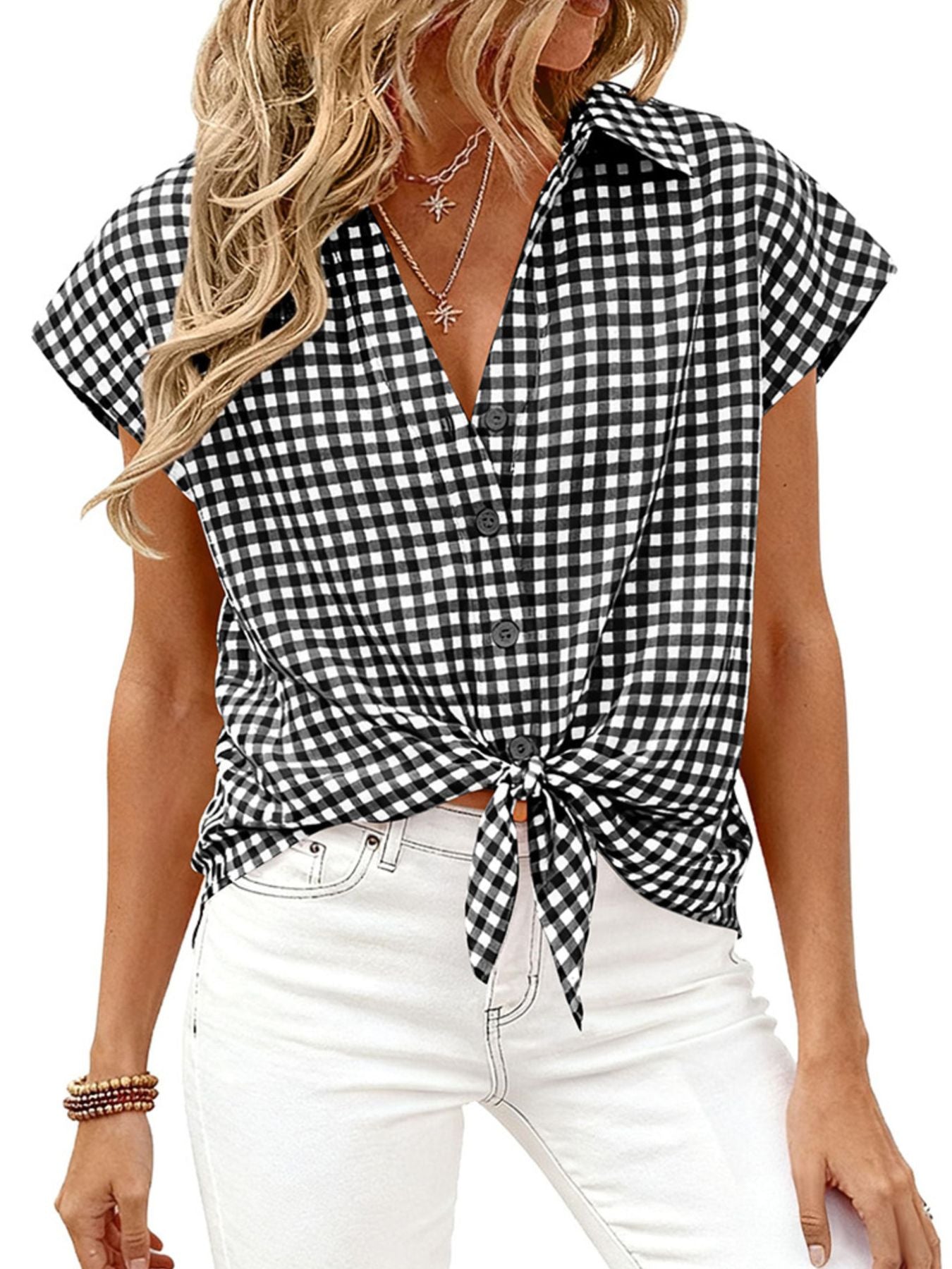 Women's classic gingham print button-down shirt with tie detail, stylish and casual from Trendsi.
