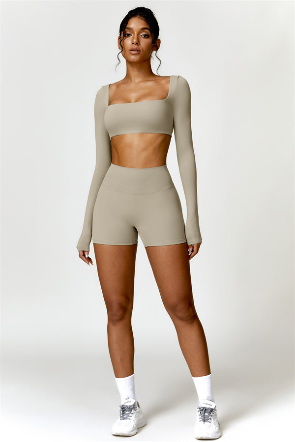 Fitglutes activewear Olivia crop top and shorts 2-piece matching set, breathable gymwear for workout and sports activities.