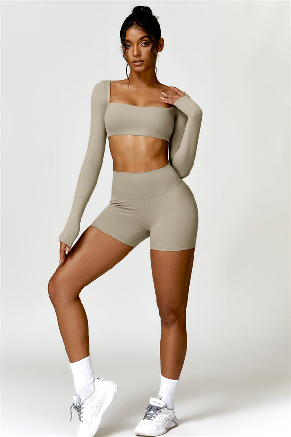Fitglutes Activewear Olivia crop top and shorts 2-piece matching set, stylish gymwear and workout clothes, black color.