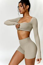 Fitglutes Activewear Olivia crop top and shorts 2-piece set, matching gymwear and workout clothes for active sports and fitness.