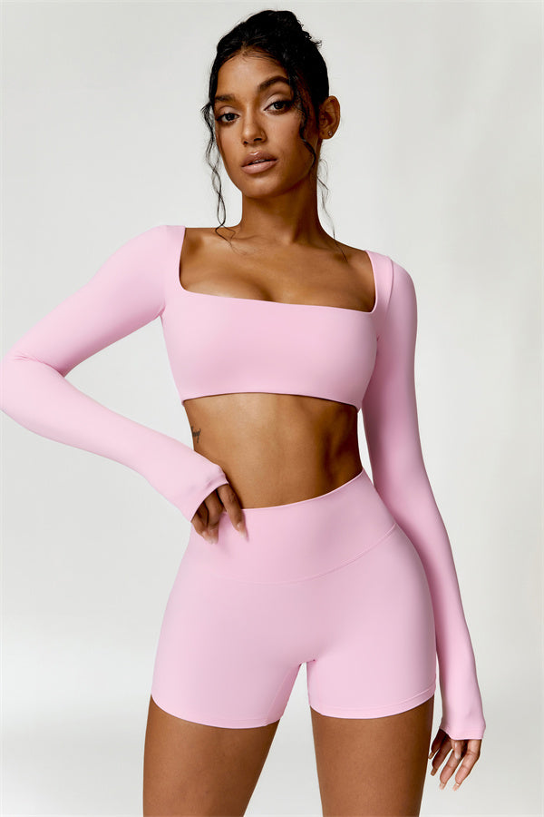 Fitglutes activewear Olivia crop top and shorts 2-piece matching set, stylish gymwear and workout clothes for women.