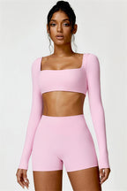 Fitglutes activewear Olivia crop top and shorts 2-piece matching set, sporty gymwear and workout clothes for active women.