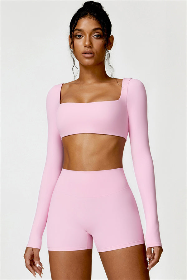 Fitglutes activewear Olivia crop top and shorts 2-piece matching set, sporty gymwear and workout clothes for active women.