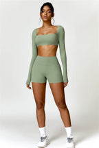 Fitglutes activewear Olivia crop top and shorts 2-piece matching set, gym and workout clothes, stylish sportswear for women.