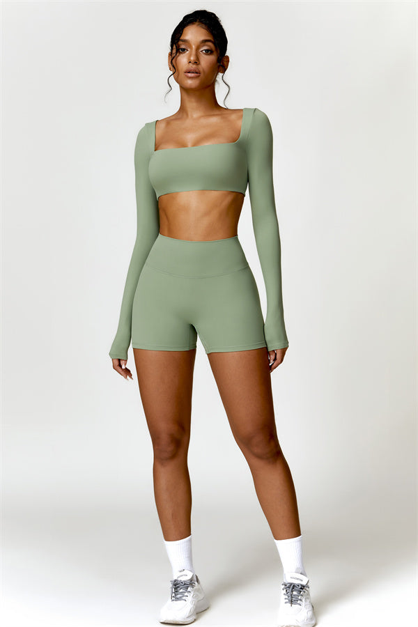 Fitglutes activewear Olivia crop top and shorts 2-piece matching set, gym and workout clothes, stylish sportswear for women.