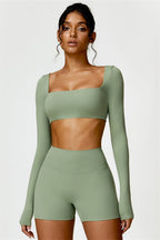 Fitglutes Activewear Olivia crop top and shorts 2-piece matching set, stylish gymwear and workout clothes for active women.
