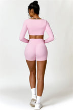 Fitglutes Activewear Olivia crop top and shorts 2-piece set, stylish matching gymwear with fitted crop top and athletic shorts.