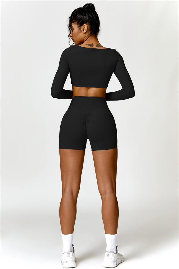 Fitglutes Activewear Olivia crop top and shorts 2-piece set, stylish matching workout set with crop top and high-waisted shorts.