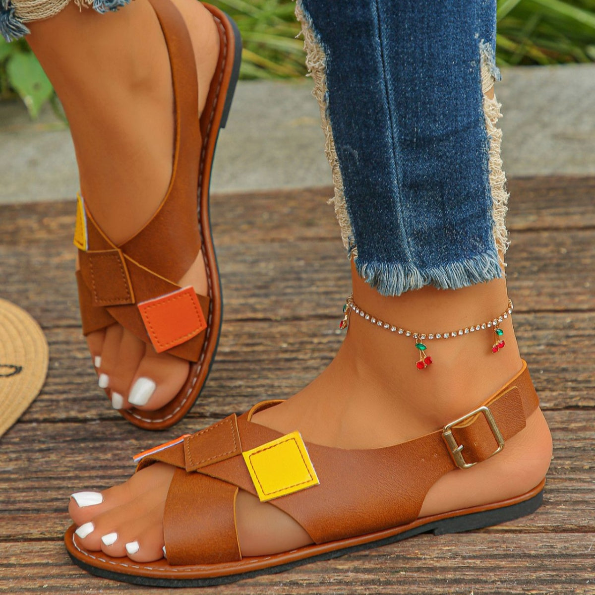 Colorful patchwork buckle flat sandals with ankle strap, trendy summer shoes from Trendsi, comfortable and stylish for warm weather.