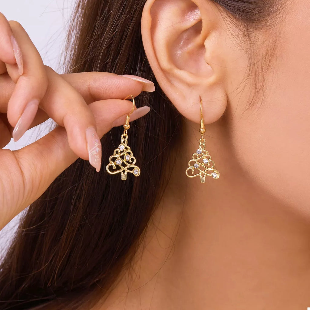 Gold-plated rhinestone Christmas tree dangle earrings with sparkling accents, perfect for holiday festive jewelry.