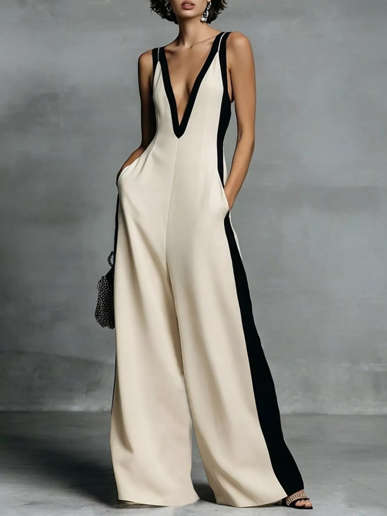 Deep V-neck wide-leg jumpsuit by Trendsi, stylish onesie with flowing fabric and a flattering fit, shown in the image.