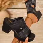 Open toe block heel sandals by Plush Fashion Hub featuring stylish design and comfortable chunky heel.