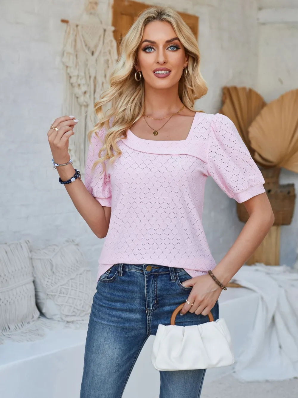 Plush Fashion Hub eyelet asymmetrical neck short sleeve T-shirt, stylish tops with unique neckline and casual fit, black color.