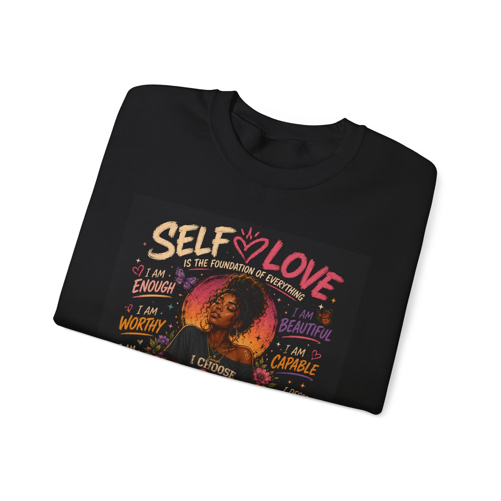 Self Love crewneck sweatshirt with empowerment graphic print, casual pullover from Printify featuring positive message.