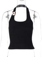Ribbed halter neck tank top by Shopimist, featuring a fitted design and sleeveless style with ribbed fabric texture.