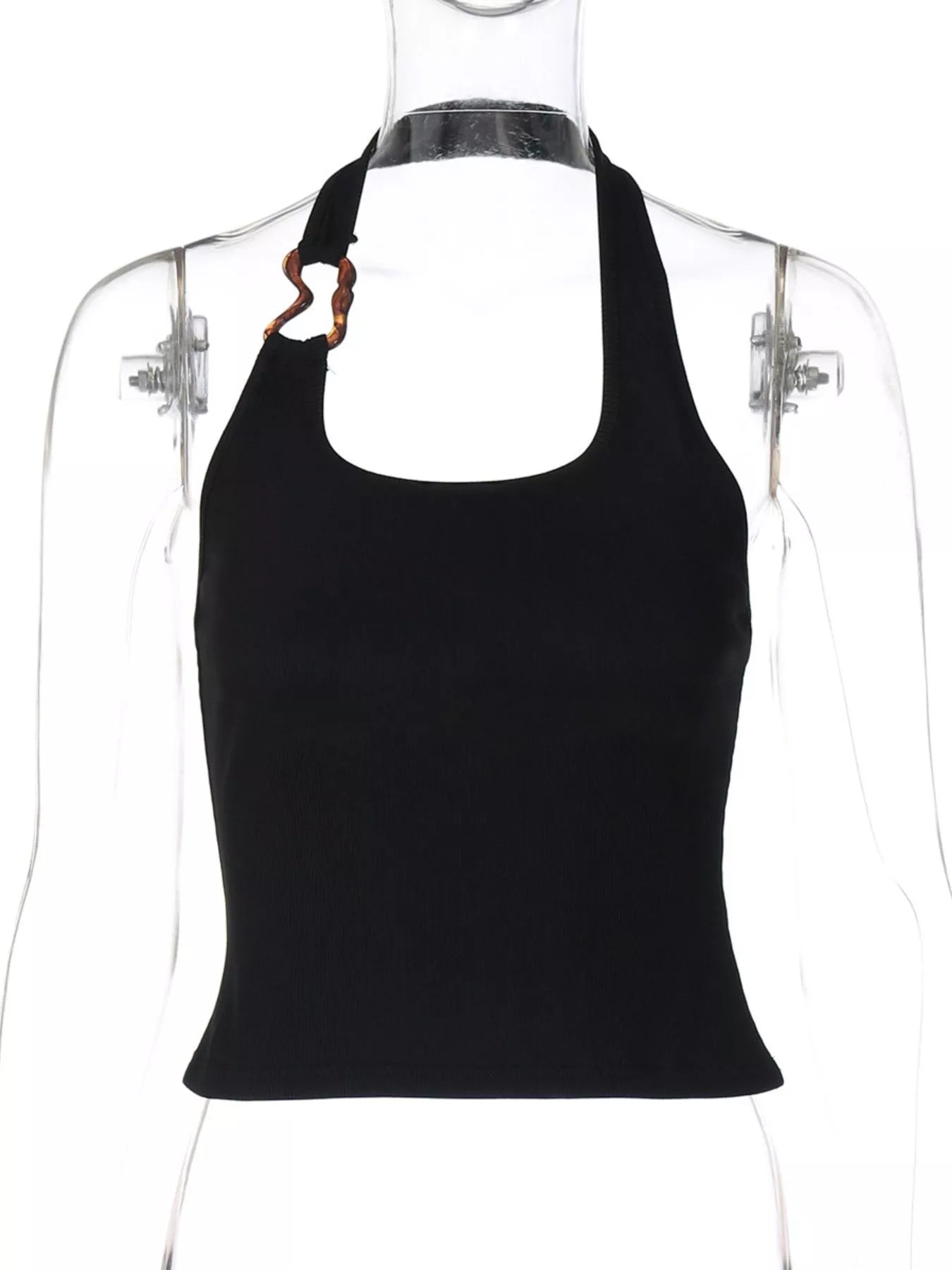 Ribbed halter neck tank top by Shopimist, featuring a fitted design and sleeveless style with ribbed fabric texture.