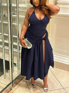 Halter neck ruched bodysuit and maxi skirt set by Shopimist, featuring a fitted bodysuit with ruching and a flowing maxi skirt.