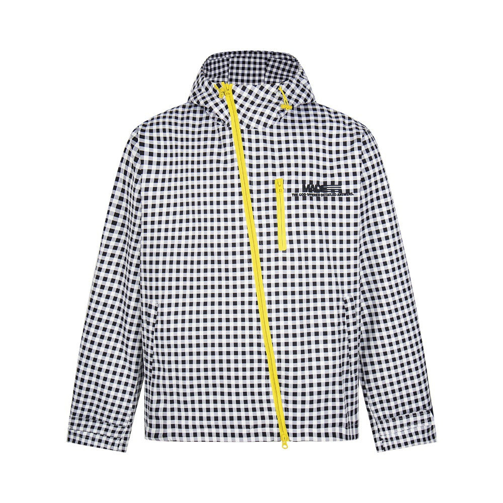 Black and white gingham jacket with a diagonal yellow front zipper, hooded style, and chest zip pocket.