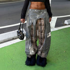 Plaid Patchwork Embroidered Street Style Jeans