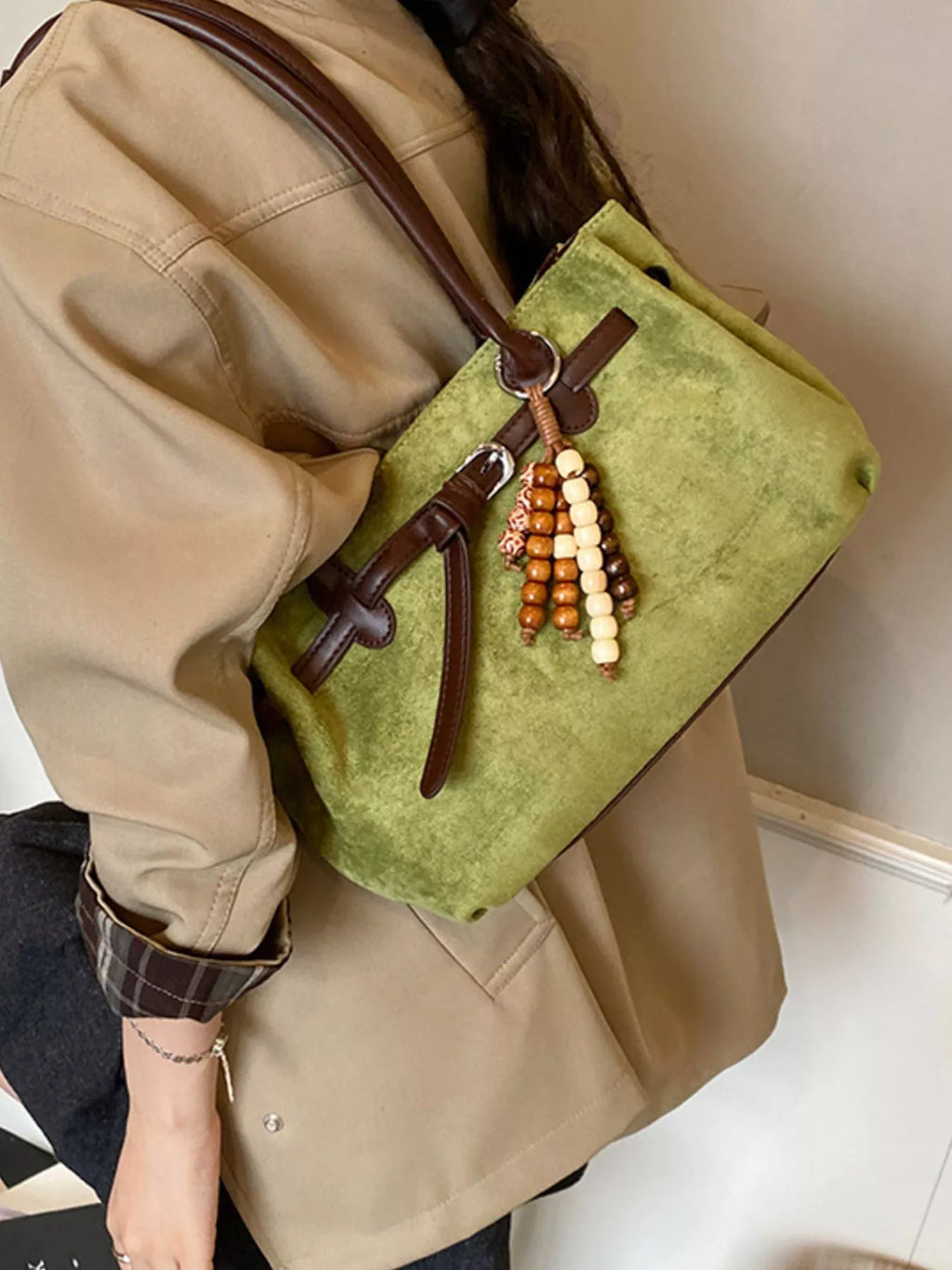 Vintage suede tote bag from Shopimist featuring a soft, textured exterior and sturdy handles for everyday use.