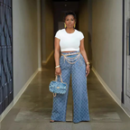 Grid Jacquard Washed High Waist Straight Leg Jeans
