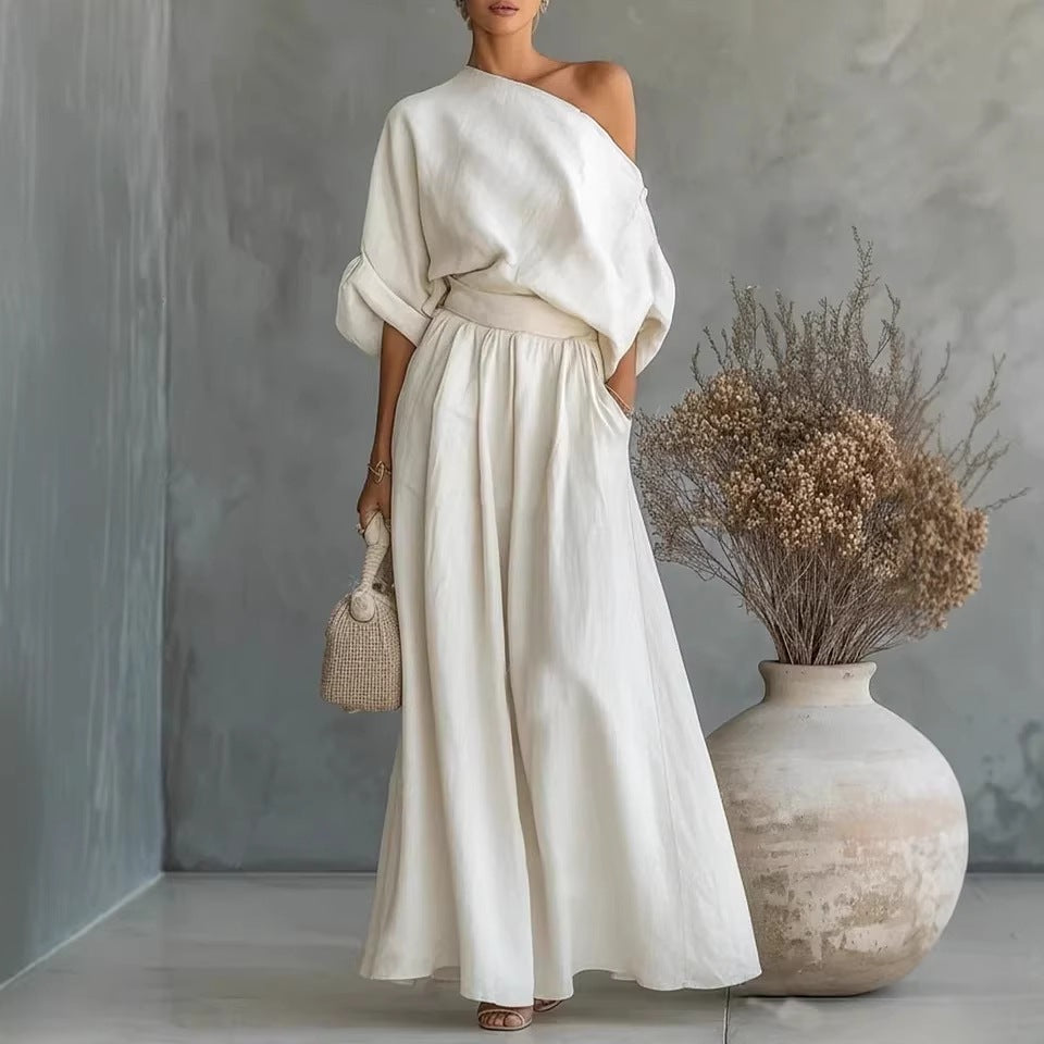 Elegant Fitted Asymmetrical Shoulder Top and Pants Two-Piece Set