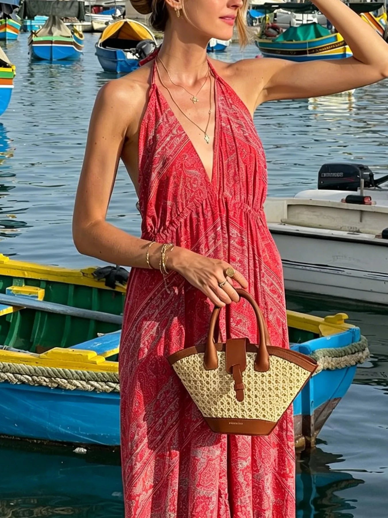 Tiered halter neck maxi dress from Trendsi, featuring flowing fabric and a stylish tiered design perfect for summer wear.