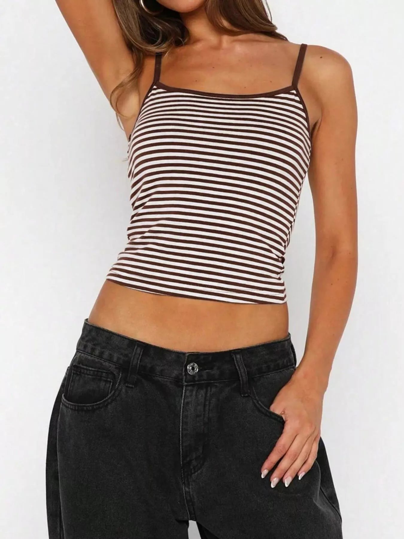 Striped scoop neck cami shirt by Plush Fashion Hub, featuring a fitted design with horizontal stripe pattern and sleeveless style.