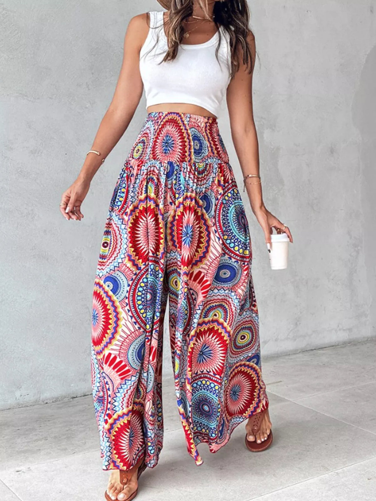 Printed wide-leg pants from Plush Fashion Hub featuring a stylish pattern and relaxed fit, displayed on a model.
