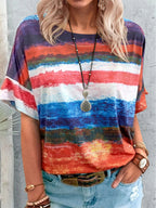 Women's casual short sleeve T-shirt with contrast round neck, from Trendsi, featuring a simple, comfortable design.