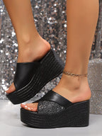 Women's open toe platform wedge sandals by Trendsi, featuring comfortable faux leather high heels and stylish design.