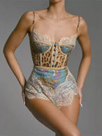 Leopard print lace trim romper jumpsuit from Trendsi with V-neck and sleeveless design, stylish and lightweight for summer wear.