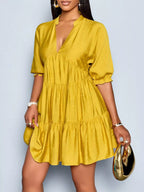Notched Half Sleeve Tiered Dress