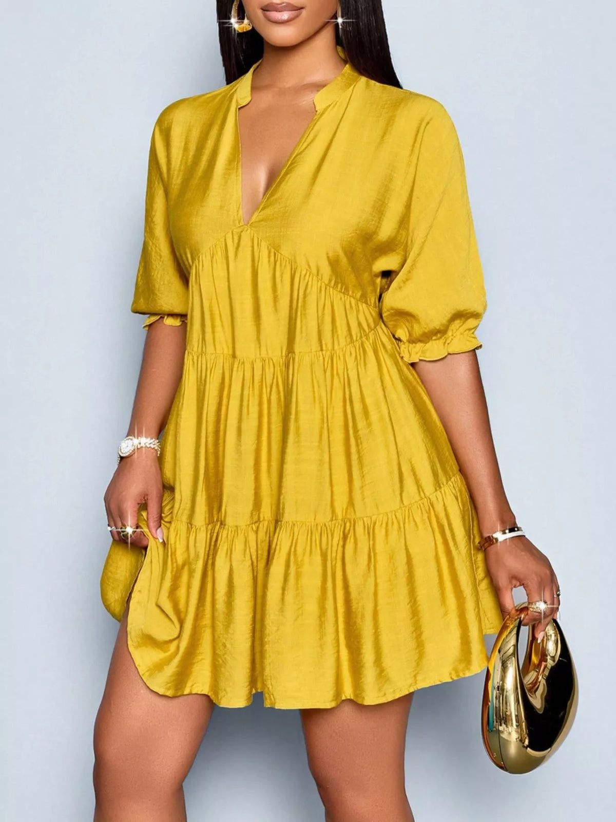 Notched half sleeve tiered dress by Plush Fashion Hub featuring a stylish layered design and comfortable fit.