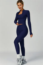 Fitglutes Activewear sports bra, jacket, and leggings 3-piece set for workout and gym activities, in matching athletic fabric.