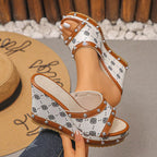 Shopimist peep toe wedge sandals with tan leather straps and chunky heel, perfect for summer casual wear.