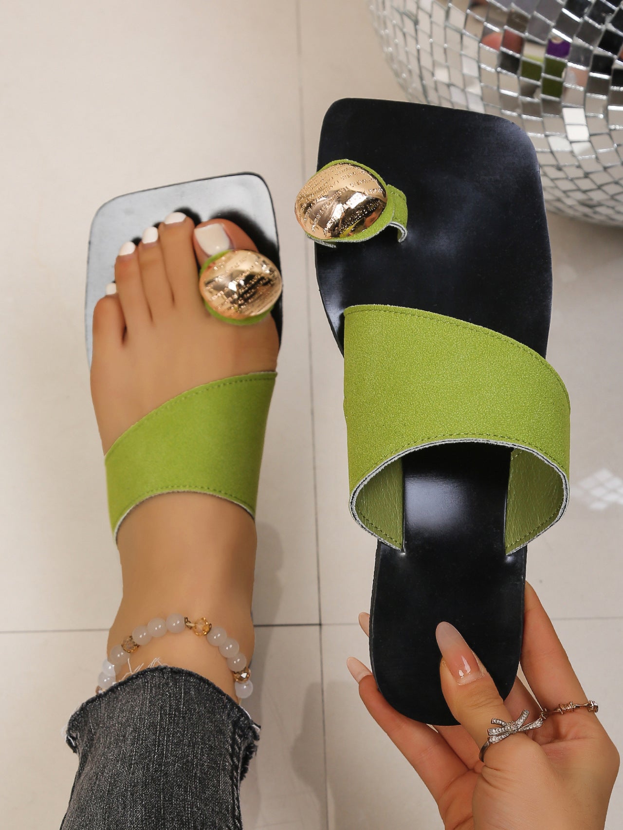 Women's stylish vegan leather toe ring flat sandals with comfortable summer flat shoes by Trendsi.