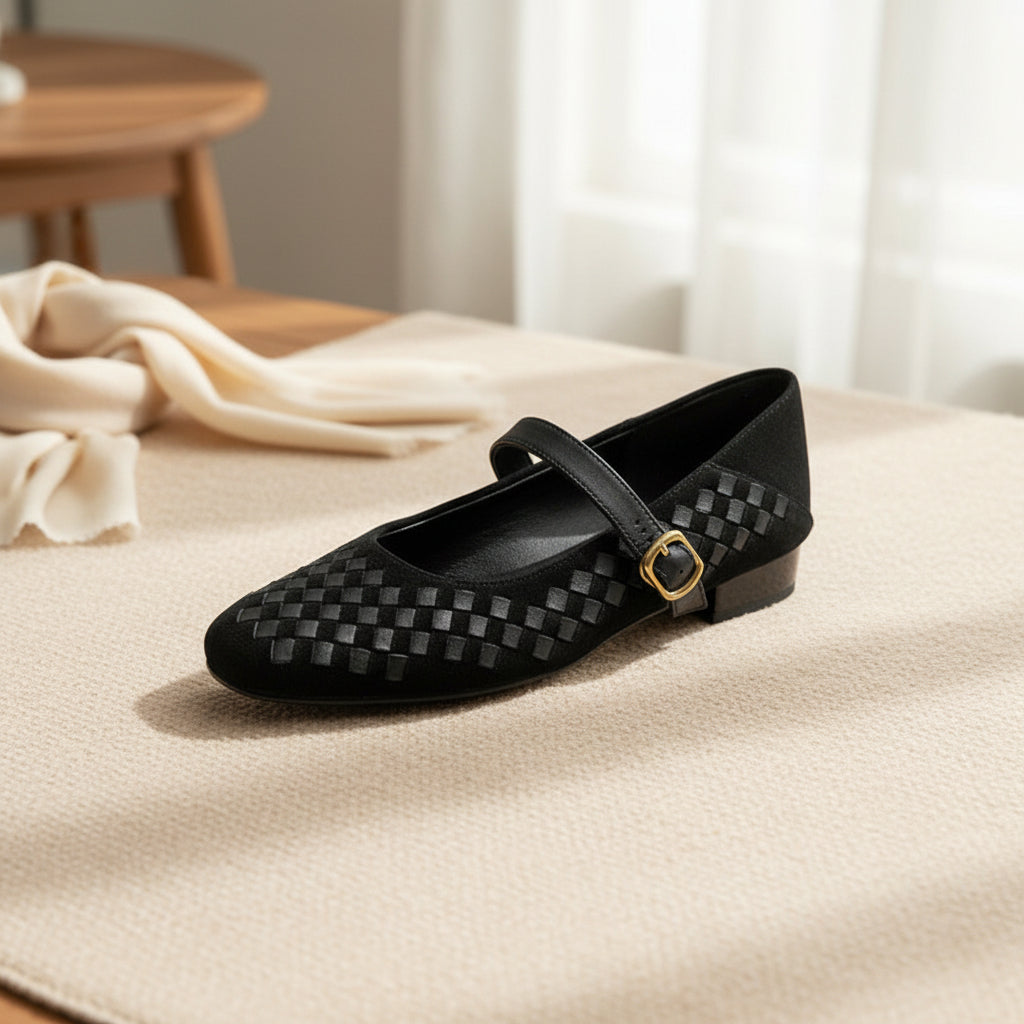 Women's Plush Fashion Hub sheepskin Mary Jane shoes with single strap, round toe, flat leather design.