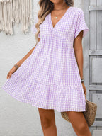 Plush Fashion Hub chic plaid V-neck mini dress with ruffle hem, lightweight seasonal fashion, casual stylish dress for women