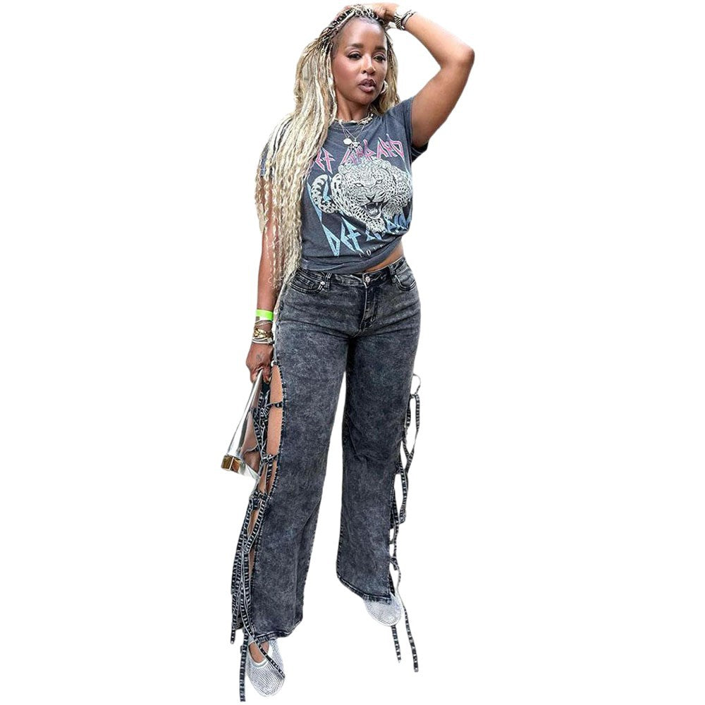 Western-style Women's Jeans, Washed with Slit and Tie String Detail, High Waist Long Pants