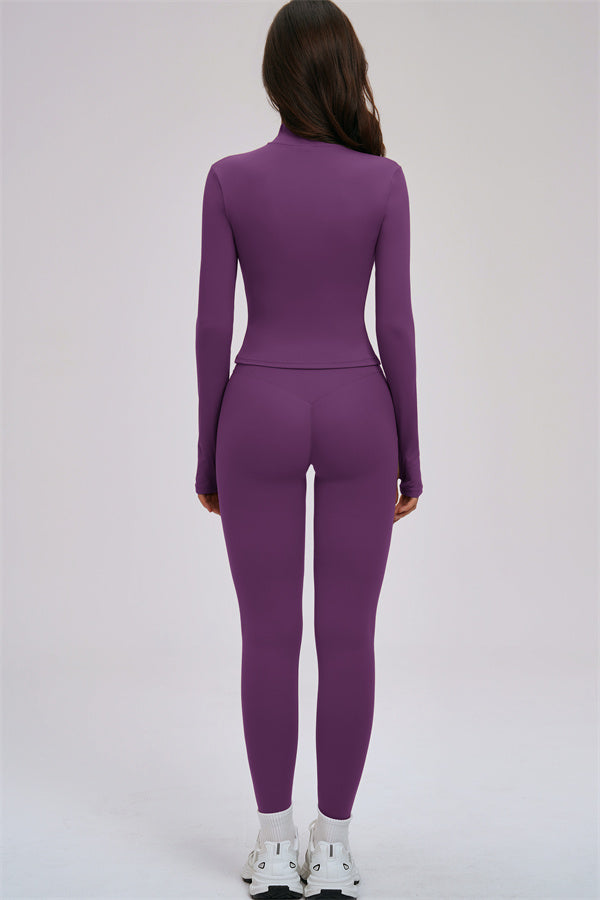 Fitglutes activewear 3-piece set featuring a Kinetic Zip Jacket, cross-back sports bra, and matching leggings for workout comfort.